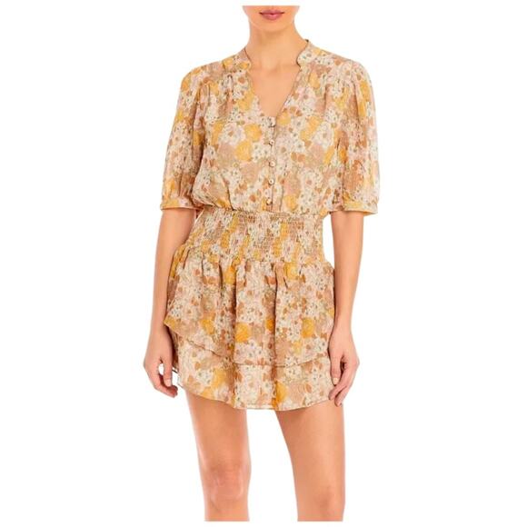 AQUA Floral Print Smocked Dress Beige/Tan/yellow V Neck Tiered Ruffle Size L - Picture 1 of 6